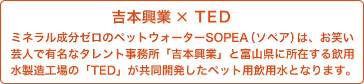 吉本興業×TED ミネラル成分ゼロのペットウォーターSOPEA(ソペア)は、お笑い芸人で有名なタレント事務所「吉本興業」と富山県に所在する飲用水製造工場の「TED」が共同開発したペット用飲用水となります。