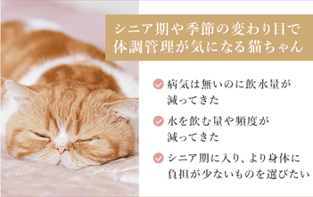 シニア期や季節の変わり目で体調管理が気になる猫ちゃん　病気は無いのに飲水量が減ってきた　水を飲む量や頻度が減ってきた　シニア期に入り、より身体に 負担が少ないものを選びたい